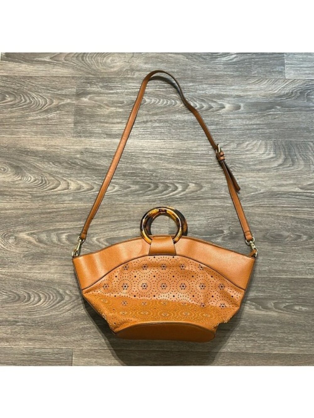 Carlos Santana Tan Faux Leather Shoulder Bag Tortoise Shell Ring Purse Crossbody - Picture 3 of 13